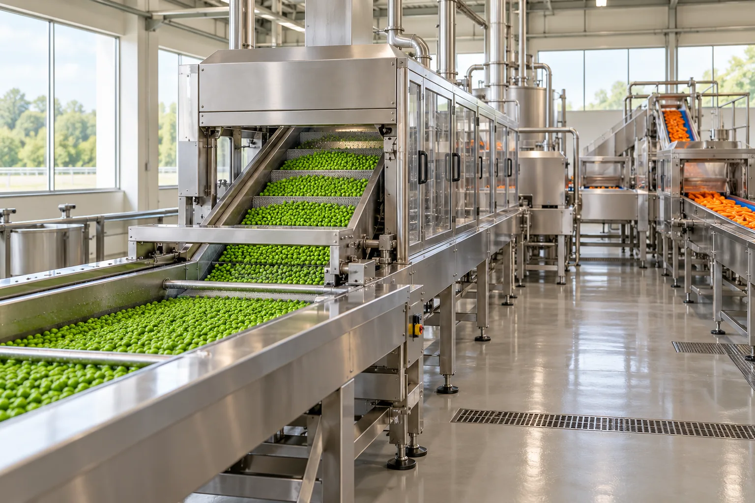 Illustration of a clean machine-assisted vegetable processing line with stainless conveyors and covered equipment