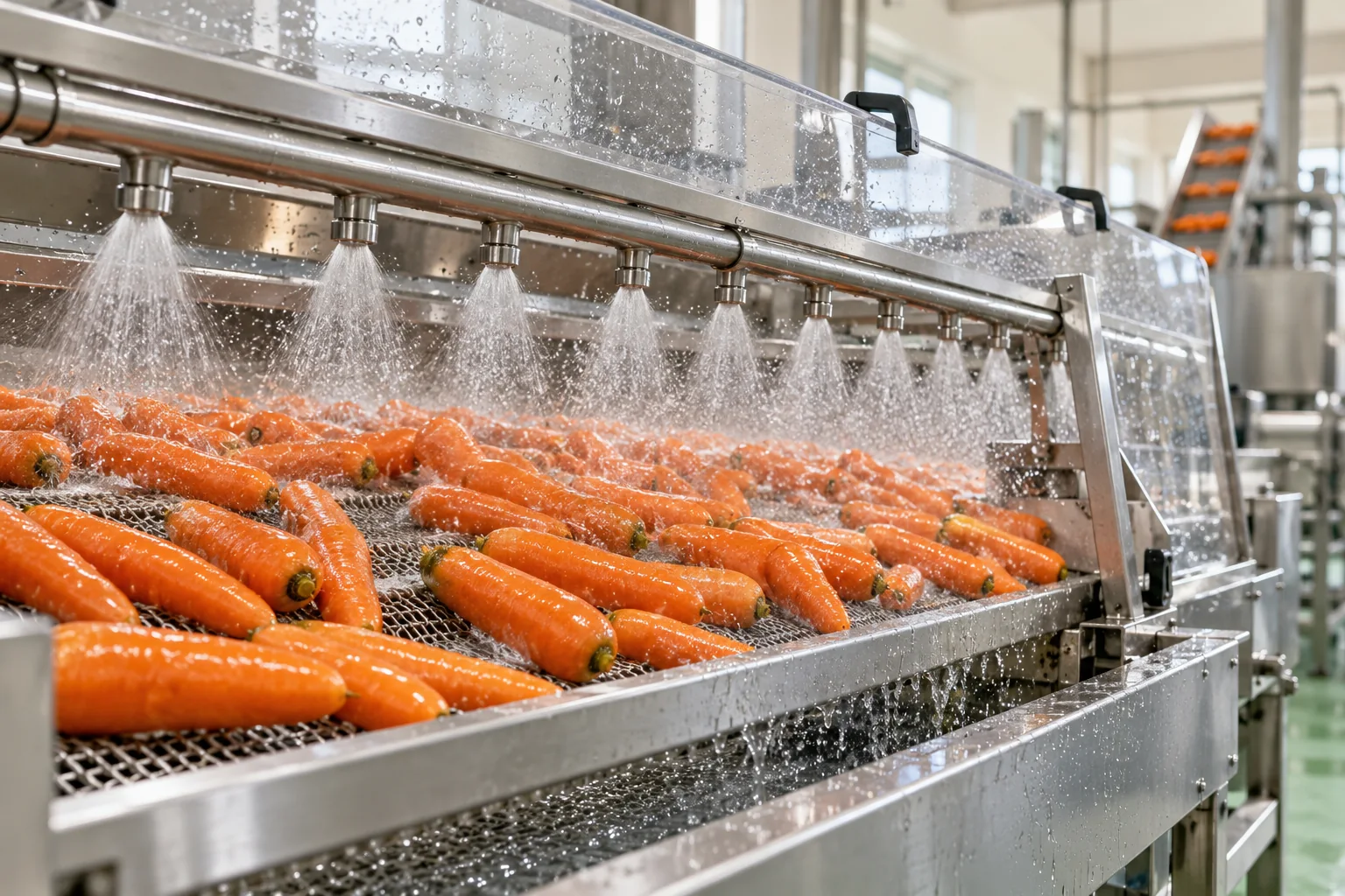 Illustration of carrots passing through a stainless spray washing tunnel without manual handling